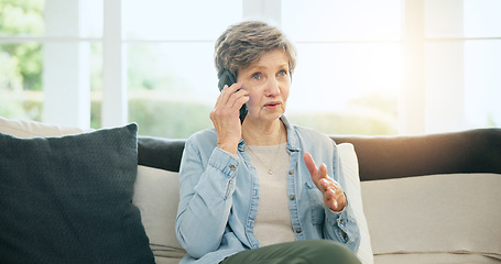 Image showing Senior, woman and phone call talking on sofa for communication, gossip or cell information. Old person, mobile device and speaking or technology network or connection, secret discussion or relax chat