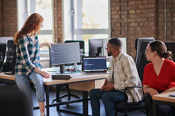 Image showing A diverse group of young business individuals congregates in a modern startup coworking center, embodying collaborative innovation and a dynamic atmosphere.