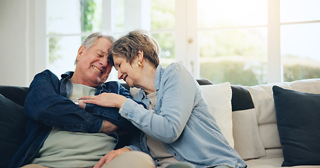 Image showing Love, home and mature couple laughing at funny conversation, retirement joke and smile on living room sofa. Wellness, comedy humour and relax old man, senior woman and elderly marriage people bonding