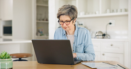 Image showing Home, laptop and senior woman reading website for asset management services, registration or planning retirement. Elderly person on computer of pension research, funding application or life insurance