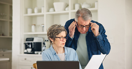 Image showing Senior couple, documents and finance in budget planning, expenses or bills together at home. Mature man and woman busy with paperwork for financial investment, retirement plan or mortgage at house