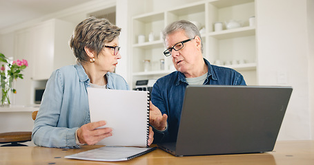 Image showing Senior couple, bills and stress on laptop for home debt, financial fail or budget risk with questions or planning on laptop. Elderly woman and man with documents for loan and inflation or bankruptcy