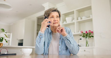 Image showing Home, phone call and senior woman with conversation, network and thinking with discussion. Apartment, elderly person and pensioner with a smartphone, relax and communication with digital app and idea