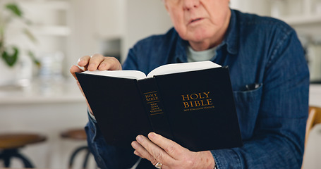 Image showing Reading, Bible and hands of old man in home with Christian worship, prayer or education in faith. Elderly, person or studying holy gospel, religion or trust in God or spiritual learning in retirement
