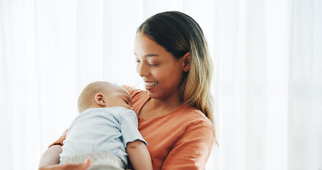 Image showing Family, love and mother with baby in home for bonding, healthy relationship and childcare in bedroom. Happy, childhood and mom and newborn infant embrace, care and affection together for happiness