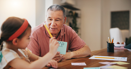 Image showing Happy grandfather, little girl and learning to read and write for literature, education or bonding together at home. Grandparent with child or kid at homeschool for knowledge, study or class at house