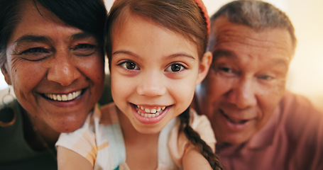 Image showing Selfie, grandparent and child with smile for bond, love or care in home with lens flare. Happy man, woman and little girl for profile picture, social media or post for childhood, memory and together