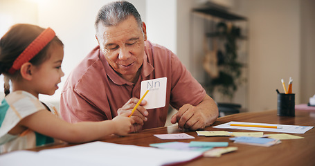 Image showing Happy grandpa, little girl and learning to read and write for literature, education or bonding together at home. Grandparent with child or kid at homeschool for knowledge, study or lesson at house