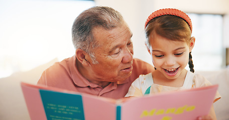 Image showing Happy grandfather, child and reading book on sofa for literature, education or bonding together at home. Grandparent with little girl smile for story, learning or relax on living room couch at house