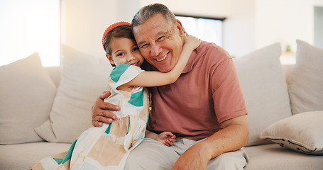 Image showing Home, portrait and hug with grandfather, girl and happiness with weekend break, relax and bonding together. Old man, senior person and child with joy, embrace and support with love, care and kid