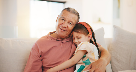 Image showing Apartment, portrait and hug with grandfather, girl and happiness with weekend break, relax and bonding together. Old man, senior person and child with joy, embrace and support with love, home and kid