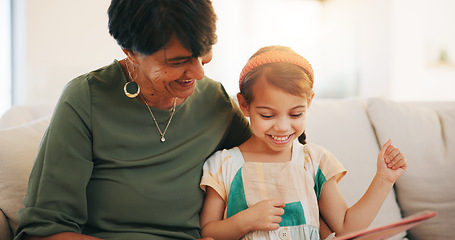 Image showing Child, grandmother and reading book smile for storytelling fantasy, education learning or knowledge. Young kid, old woman or fairytale literature on couch as bonding or listening, development on sofa