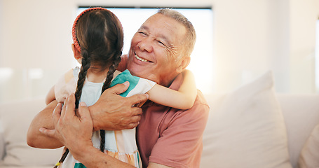 Image showing Grandfather, child and hug on sofa in living room for love, care or bond with lens flare. Elderly man, happiness and smile for little girl for moment, memories and support while babysitting at home