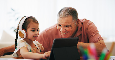 Image showing Tablet, senior man and child, education and elearning at home, remote and home schooling on technology. Grandfather, girl and app or website, search and streaming or fun, play and internet or happy
