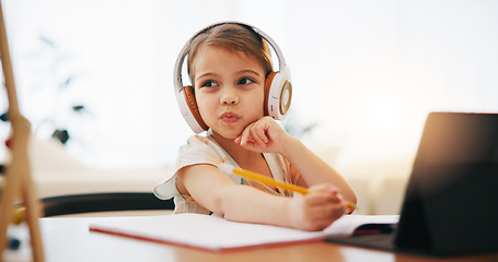 Image showing Thinking, kid on headphones and education, writing in book and homework for homeschool on tablet. Elearning, virtual class and idea of girl child on internet, studying and online lesson for knowledge