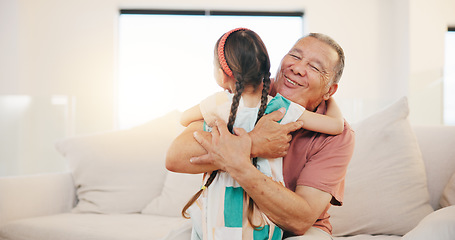 Image showing Grandfather, grandchild and smile in hug, love and bonding in retirement, care and relaxing. Happy mexican people, sofa and welcome in visit, greeting and embrace on couch, excited and connection