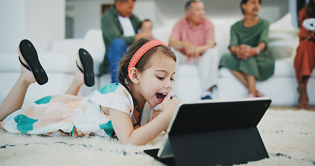 Image showing Girl child, happy and tablet on floor in family home for movie, streaming subscription and relax in living room. Kid, digital touchscreen and smile on carpet with cartoon, video or learning in house