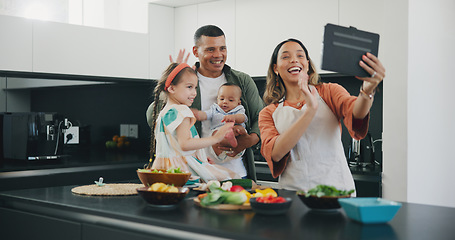 Image showing Tablet, family smile and video call while cooking, happy and internet on technology, communication and greeting. Parents, people or children, hello and networking or connection, conversation and wave