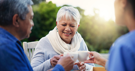 Image showing Nurse, tea or toast people in elderly care, retirement or healthcare support at park or nature. Caregiver, senior man or old woman with coffee, meal or outdoor snack together in health and wellness