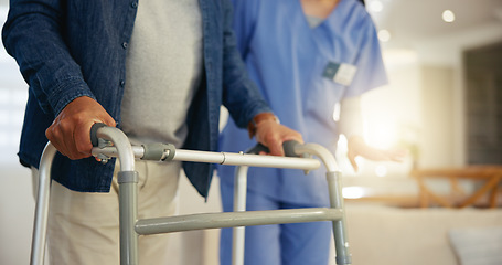 Image showing Senior man, person with disability and walking frame for support, nurse and handholding. Healthcare, elderly for medical care, patient rehabilitation and physiotherapy for injury and recovery help