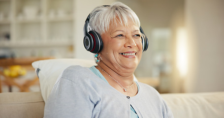 Image showing Senior woman, home and headphones for music, listening to audio and radio podcast on sofa. Happy elderly lady, relax and thinking of peace, streaming sound and multimedia subscription in living room