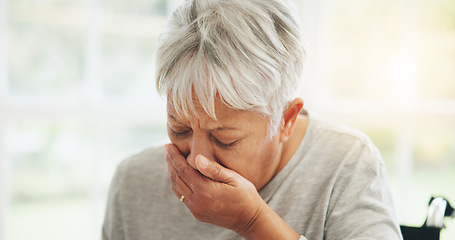 Image showing Senior, woman and mouth hand for cough sick or winter virus, bacteria infection or flu disease. Old person, anxiety or fear illness for wellness of asthma risk or tuberculosis, cancer on wheelchair