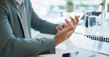 Image showing Business, hands or gesture with documents for discussion, meeting or communication at work desk in office. Professional, person or employee with feedback, review or coaching at workplace for training