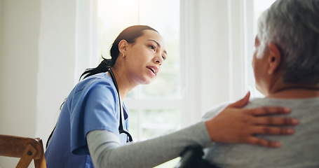 Image showing Woman, nurse and senior in wheelchair for support, elderly care or trust at old age home. Medical doctor or caregiver listening to person with a disability or consulting for health advice or help