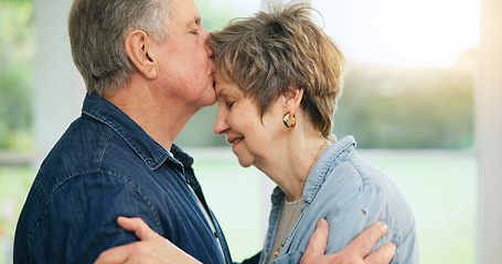 Image showing Senior couple, forehead or kiss of love in support, loyalty or commitment in retirement in family home. Mature man, woman or marriage in gratitude for together in trust, security or care in apartment