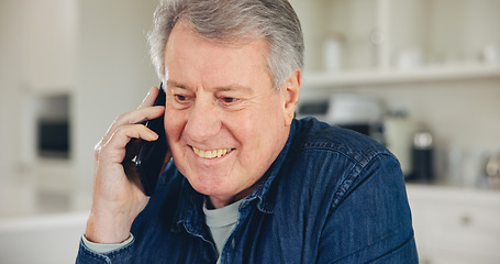 Image showing Home, phone call and senior man with conversation, communication and thinking with discussion. Apartment, elderly person and pensioner with a cellphone, relax and network with digital app and smile