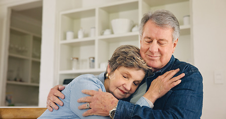 Image showing Love, bond and mature couple hug, affection or cuddle together for romance, relax retirement or home break. Soulmate, eyes closed and elderly old man, senior woman or marriage people rest in Portugal