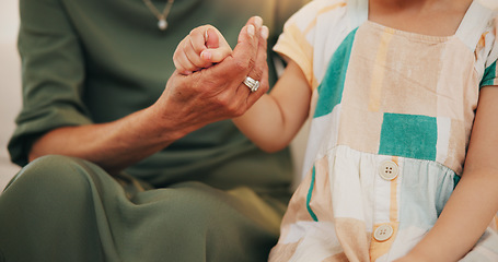 Image showing Child, grandmother and hand closeup as care safety or love together for bonding, protection or relax. Young kid, old woman and fingers or family help connection in retirement, embrace for development