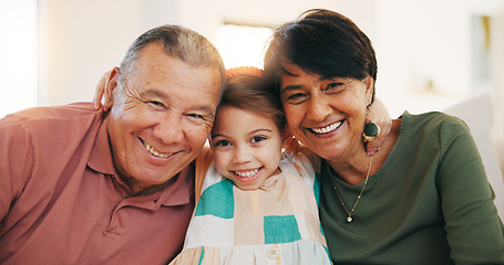 Image showing Grandparents, grandchild and smile in family portrait, love and picture for memory, hug and bonding. Happy mexican people, care and relax on couch, generations and connection at home, joy and embrace