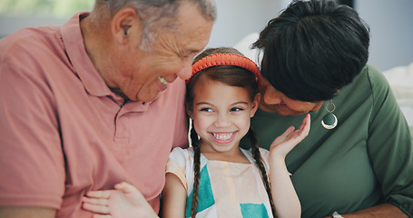 Image showing Grandparents, child and face with love on sofa with happiness, support or embrace in home. Happy family, care and smile together in living room, apartment or relax on couch in house and retirement