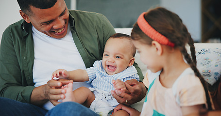 Image showing Family, happiness and laughing on couch, smile and joy or love, bonding and humor or comedy, sofa and fun. Happy parents and children, communication and support at home, silly and goofy or positive