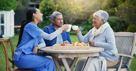 Image showing Nurse, tea or people cheers in elderly care, retirement or healthcare support at park or nature. Caregiver, senior man or old woman with coffee toast, meal or outdoor snack together for wellness