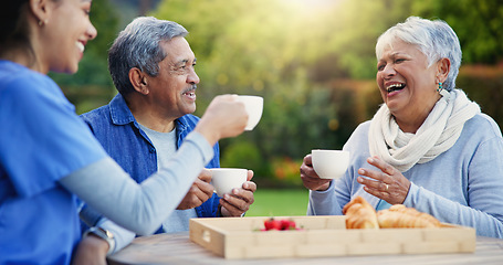 Image showing Caregiver, laughing or senior people with coffee for bonding or talking in park or nature to relax. Support, tea drink or happy woman with funny nurse or elderly man speaking of gossip in discussion