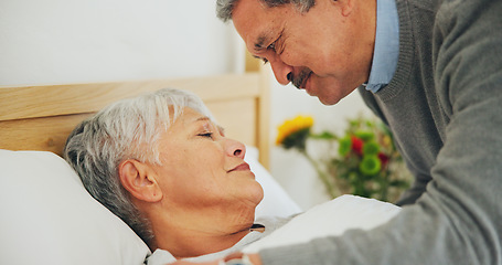 Image showing Woman, hospice and patient with sickness, husband and health issue with partner, sick or hand holding for support. Care, conversation and love for marriage, nursing home and embrace with empathy