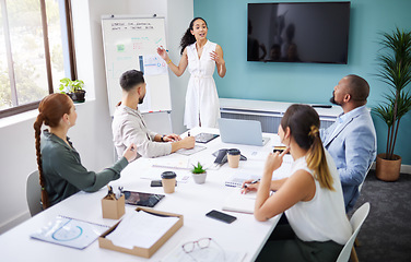 Image showing Businesswoman, whiteboard and presentation with discussion in boardroom for strategy. Female leader, mentor and teamwork for brainstorming, collaboration or planning of economical growth for future