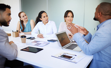 Image showing Businessman, team and discussion with laptop in boardroom for collaboration, leadership or advice. Diversity, mentor and talking for guidance, training or strategy for online, report and document