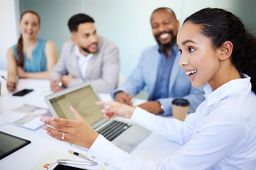 Image showing Businesswoman, teamwork and meeting for strategy in boardroom with laptop for online, report or document. Diversity, female boss or manager for leadership, training and guidance for collaboration