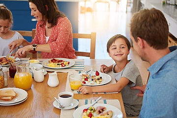 Image showing Food, breakfast and a playful family in the dining room of their home together for health or nutrition. Mother, father and cute sibling kids eating at a table in their apartment for love or bonding