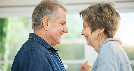 Image showing Love, dancing and mature couple smile, happy and bonding with wife, husband or marriage partner support, care and happiness. Romance, home wellness and face of old man, woman or people dance together