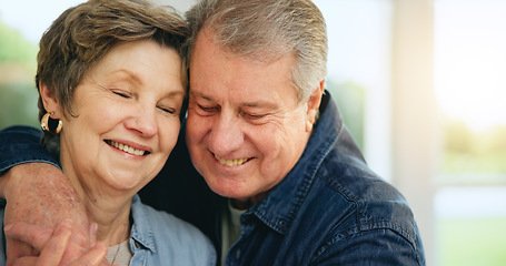 Image showing Love, face and mature happy couple hug, affection and retirement smile from wife, husband or marriage partner. Romance, home happiness and relax old man, woman or people embrace for relationship care