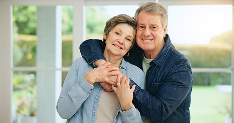 Image showing Senior couple, hug or portrait in home with loyalty, commitment or retirement as happy family. Mature man, woman or marriage for gratitude on face, embrace together or wellness for kindness in house