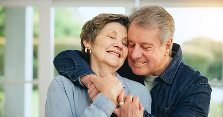 Image showing Senior couple, hug and smile at home for love, loyalty and retirement bliss in marriage commitment. Mature man, woman or embrace for gratitude in together, peace wellness and kindness in family house