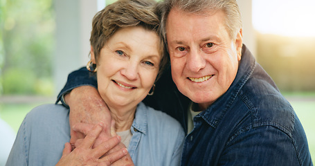 Image showing Senior couple, happy or portrait in home with loyalty, commitment or retirement together as family. Mature man, woman or marriage pride for gratitude on face, embrace or trust or wellness in house