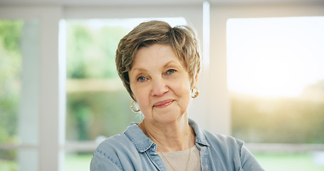 Image showing Senior woman, portrait and morning in home and retirement with happiness and health. Elderly, person and smile on face in house to relax with sunshine in apartment, living room or lounge on vacation