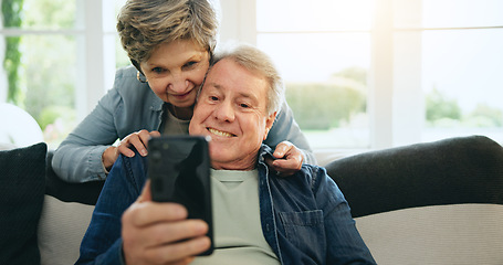 Image showing Phone, senior or happy couple on social media on couch for communication, meme or internet connection. Home, mature man or woman on mobile app to search, relax or scroll online on sofa in living room
