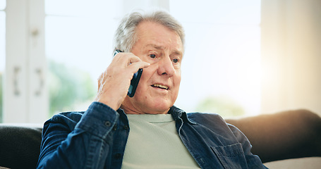 Image showing Home, phone call and senior man with conversation, network and speaking with discussion. Apartment, elderly person and pensioner with a smartphone, relax and communication with digital app and idea